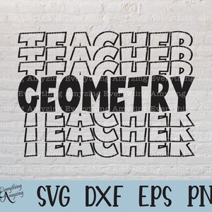 Puede incluir: Diseño gráfico en blanco y negro con el texto "TEACHER" repetido cuatro veces y la palabra "GEOMETRY" en el centro. El texto está en una fuente en negrita y de bloque.