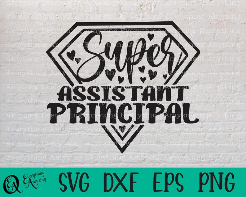 K&ouml;nnte beinhalten: Schwarzwei&szlig;es Grafikdesign eines Diamanten mit dem Text "Super Assistant Principal" und Herzen um den Text.