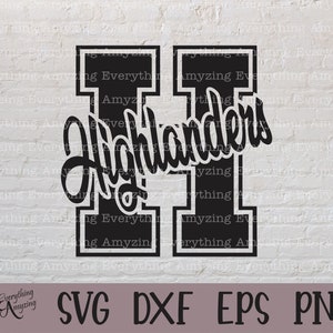 May include: Black and white graphic design of the word "Highlanders" with a large letter "H" in a varsity style font.
