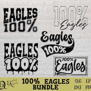 Peut inclure: Un ensemble de designs numériques comprenant cinq variantes graphiques noires du texte 100% Eagles dans diverses polices et styles, incluant des lettres en bloc, une écriture cursive et un effet de peinture dégoulinante sur fond de briques.