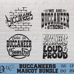 Puede incluir: Un paquete de descarga digital de cuatro diseños gráficos en blanco y negro con el texto "Buccaneers" y diferentes lemas. Los lemas son "We Are Buccaneer Strong", "Livin' in Buccaneer Country", "Buccaneers Loud & Proud" y "Buccaneers". El paquete incluye los formatos de archivo SVG, EPS, DXF y PNG.