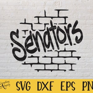 May include: Black and white graphic design of the word "Senators" in a graffiti style font, set against a brick wall background.