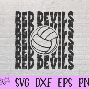 Könnte beinhalten: Schwarz-weißes Grafikdesign mit dem Text "RED DEVILS", der vertikal um einen Volleyball angeordnet ist. Das Design enthält auch den Text "SVG DXF EPS PNG" am unteren Rand sowie das Logo "Everything Amyzing".