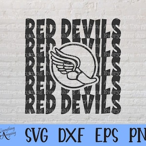 Könnte beinhalten: Schwarz-weißes Grafikdesign mit dem Text "RED DEVILS" vertikal gestapelt. Ein kreisförmiges Emblem mit einem geflügelten Schuh ist im Text zentriert. Das Bild enthält auch "SVG DXF EPS PNG".