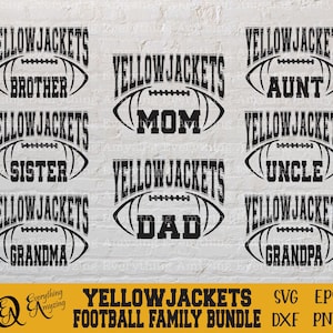 May include: A collection of black and white digital designs featuring the text "YELLOW JACKETS" above a football graphic, with family titles like "BROTHER," "MOM," and "DAD." The designs are for a football family bundle.