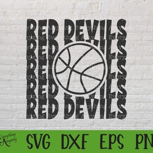 Peut inclure: Graphisme noir et blanc avec les mots "RED DEVILS" disposés autour d'un ballon de basket. Le design comprend également le texte "SVG DXF EPS PNG" sur une bannière verte.