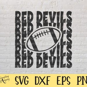 Könnte beinhalten: Schwarz-weißes Grafikdesign mit dem Text "RED DEVILS", der um einen Football angeordnet ist. Das Design enthält auch den Text "SVG DXF EPS PNG" in einem gelben Banner am unteren Rand.