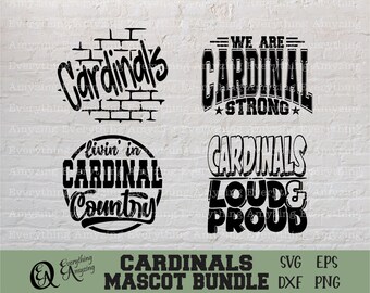 カーディナルス マスコット バンドル svg、カーディナルス スクール スピリット svg、カーディナルス チアリーディング svg、チーム ギア svg、クリカット、シルエット、svg、png、eps dxf