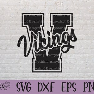 May include: Black and white graphic design of a stylized letter V with the word "Vikings" written in a script font inside the letter. The letter V has a thick black outline and a white interior.