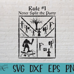 Könnte beinhalten: Schwarz-weiß-Illustration einer Dungeons and Dragons-Regel: "Regel Nr. 1 Teile die Gruppe niemals auf". Die Illustration zeigt eine Gruppe von Abenteurern in einem Dungeon, mit einem Baum in der Mitte und einem Monster unten links.