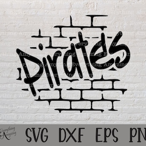 Op de afbeelding: Zwart-wit grafisch ontwerp van het woord "Pirates" in graffiti-stijl, met een achtergrond van een bakstenen muur.