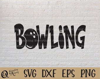 May include: Black and white digital design file for a bowling themed craft project. The design features the word "BOWLING" with a bowling pin and ball.