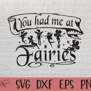 May include: Black and white digital design featuring a banner with the text "You had me at fairies" and several fairies with wings and stars. The design is suitable for crafting projects such as t-shirts, mugs, tote bags, and home decor.