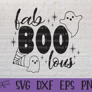 May include: Black and white digital design featuring the text "fab boo-lous" with two ghosts and stars.