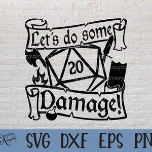 Puede incluir: Diseño gráfico en blanco y negro de un dado de veinte caras con llamas, una espada y un rollo. El rollo dice "Let's do some damage!"
