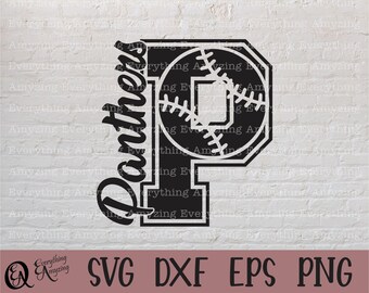 May include: Black and white graphic design of a baseball with the letter "P" inside and the word "Panthers" written in a cursive font. The design is suitable for use as a cut file for crafting projects.