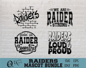 Könnte beinhalten: Ein digitales Download-Paket mit vier schwarz-weißen Grafikdesigns mit dem Text "Raiders" und verschiedenen Slogans. Die Designs beinhalten "Raiders", "We are Raider Strong", "Livin' in Raider Country" und "Raiders Loud & Proud".
