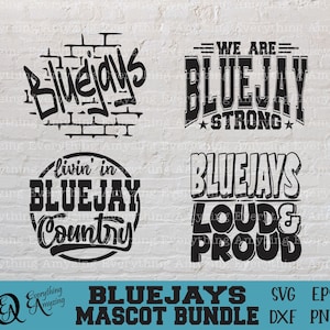 May include: A digital download bundle of 4 black and white Blue Jays mascot SVG, EPS, DXF, and PNG files. The designs include "Bluejays", "We are Blue Jay Strong", "Livin' in Blue Jay Country", and "Blue Jays Loud & Proud".