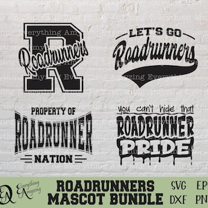May include: A collection of black and white Roadrunners mascot designs. The designs include the text "Roadrunners" in various fonts, "Let's Go Roadrunners", "Property of Roadrunner Nation", and "You can't hide that Roadrunner Pride".