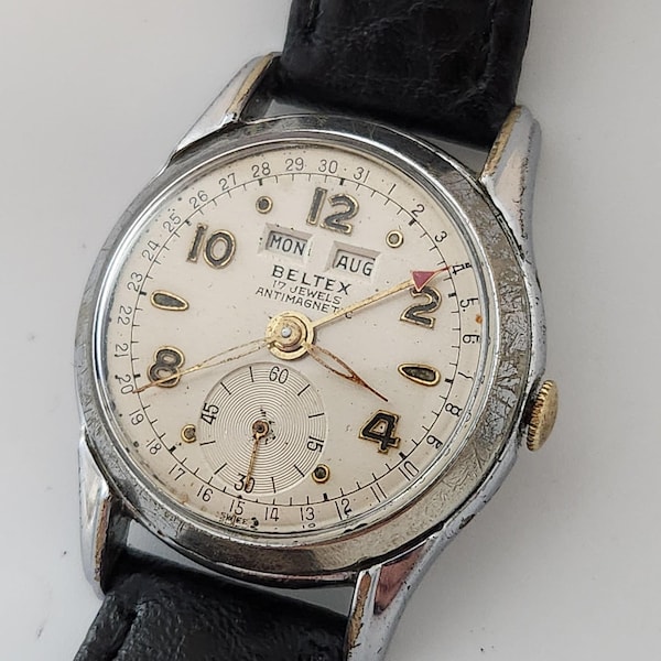 Vintage BELTEX TRIPLE DATE Watch, Swiss Made,  Original Condition, 17 Jewels, Day/Date/Month, Sub Second Dial, Circa Mid/Late 50's--Serviced