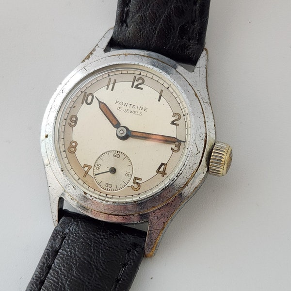 Vintage FONTAINE WW2 Era "Boy Size" Watch, SWISS Made 15 Jewels, Superb Dial, Circa Early 1940's--------Serviced-----