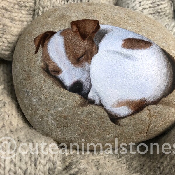 Painted Stone Jack Russell, Rock Painting Animal, Acrylics Painted Stone, Jack Russell, Pet Rock Portraits, Hand Painted, Christmas Gift