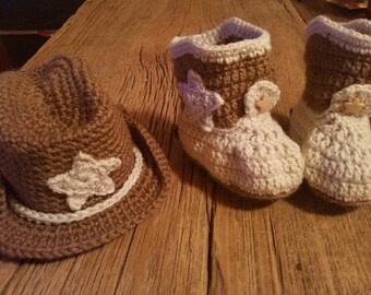 Crochet newborn to 3 months cowboy hat and boot set