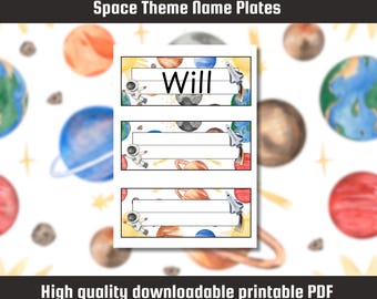 Personalized Name Plates - Watercolor Space Theme | Digital Download | Custom Printable Name Tags