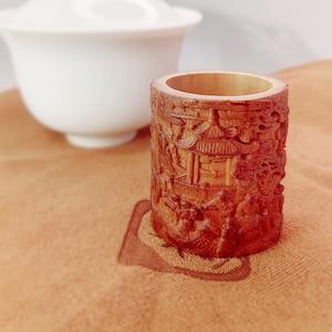 Smoked Bamboo teapot lid stand holder saucer * Tea Needle Stand * Accessories for Tea Utensils * hand engrave *