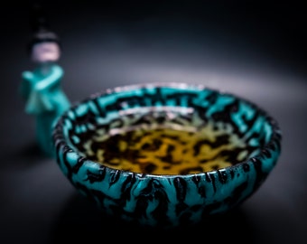 Cyan Elegance: Handmade Kung Fu Tea Cup - Jian Kiln Inspired, Black and Cyan Striped Design, Song Dynasty Aesthetics