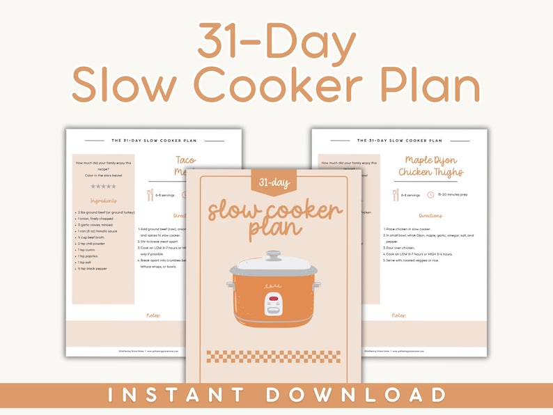 May include: A digital download featuring a 31-Day Slow Cooker Plan. The design includes a central image of an orange slow cooker, surrounded by recipe pages. The text "31-Day Slow Cooker Plan" is prominently displayed.