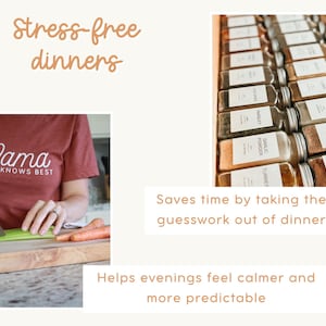 May include: Image features a woman in a red t-shirt with "Mama Knows Best" text, chopping vegetables. A collection of spice jars with labels is also shown. Text reads "Stress-free dinners", "Saves time by taking the guesswork out of dinner", and "Helps evenings feel calmer and more predictable."