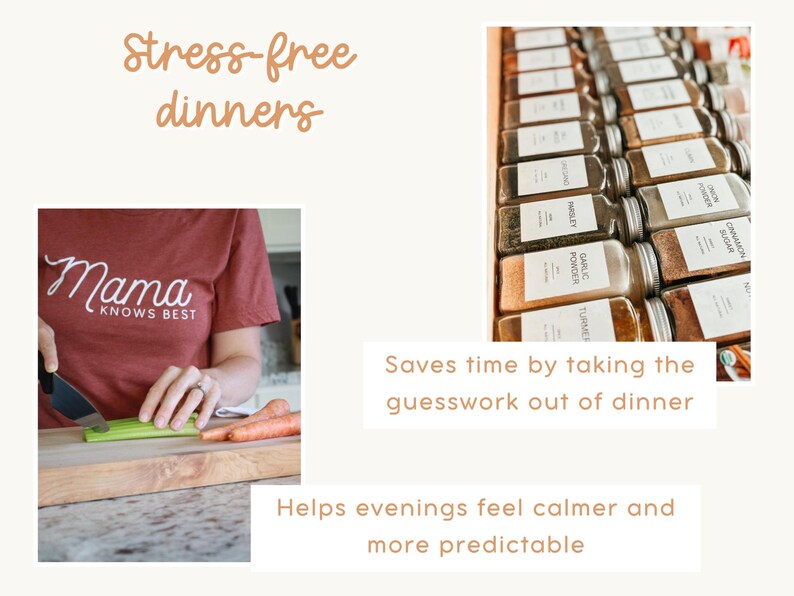 May include: Image features a woman in a red t-shirt with "Mama Knows Best" text, chopping vegetables. A collection of spice jars with labels is also shown. Text reads "Stress-free dinners", "Saves time by taking the guesswork out of dinner", and "Helps evenings feel calmer and more predictable."