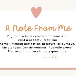 May include: A digital product announcement with the text "A Note From Me" and a pink heart graphic. The text describes digital products for moms seeking a peaceful home, offering simple tools and gentle routines.