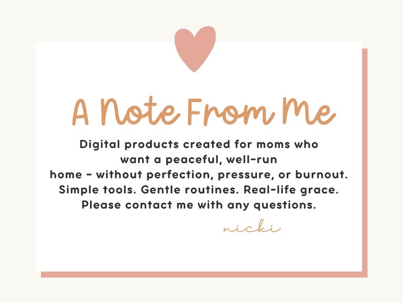 May include: A digital product announcement with the text "A Note From Me" and a pink heart graphic. The text describes digital products for moms seeking a peaceful home, offering simple tools and gentle routines.
