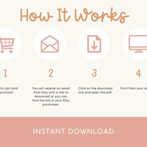 May include: A peach-colored graphic with the text "How It Works" and four steps: add to cart, receive an email, click download link, and print. The words "Instant Download" are at the bottom.