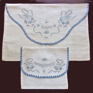 Antique Vintage Nightgown and Hankie Pouch Bags - Blue Embroidery
