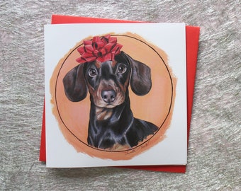 Dachshund, Christmas Card, Chocolate and Tan, Gift Bow, Festive, Sausage Dog, Greeting Card