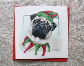 Pug, Christmas Card, Fawn Pug, Elf, Elf Dog Costume, Elf Hat, Festive, Greeting Card