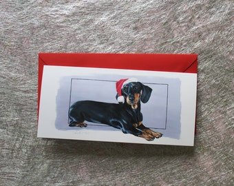 Dachshund, Christmas Card, Santa hat, Black and Tan Dachshund, Festive, Greeting Card