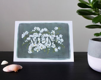 Moederdag kaart, Mother's Day, Alba Freesia, Freesia, A5, wit Recycled, Greeting Card, verjaardagskaart, bloemen, bloemen, witte bloemen