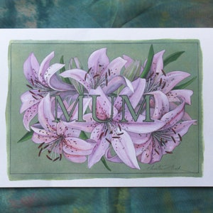 Cartão de Dia das Mães, Dia das Mães, Lírio Tigre Gigante, Lírio Rosa, lírios, A5, Branco Reciclado, Cartão de felicitações, Cartão, Flores, Floral, Flores Rosa