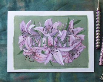 Mother's Day Card, Mother's Day, Giant Tiger Lily, Pink Lily, lilies, A5, White Recycled, Greeting Card, Card, Flowers, Floral, Pink Flowers