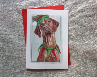 Vizsla, Christmas Card, Hungarian Vizsla, Elf, Elf Hat, Elf Costume, Festive, HPR Breed, Greeting Card