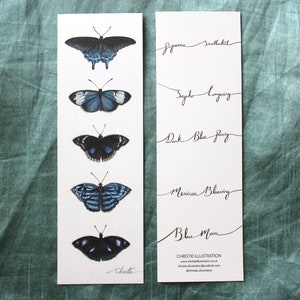 Blue Bookmark, butterfly, bookmark, illustrated bookmark, bookmark set, book lovers gift, birthday, gift, book merchandise, reading, books image 1