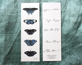 Blauwe bladwijzer, Butterfly, bladwijzer, geïllustreerde bladwijzer, Bookmark set, boek liefhebbers cadeau, verjaardag, geschenk, boek merchandise, lezen, boeken