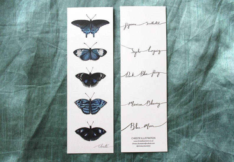 Blue Bookmark, butterfly, bookmark, illustrated bookmark, bookmark set, book lovers gift, birthday, gift, book merchandise, reading, books image 1