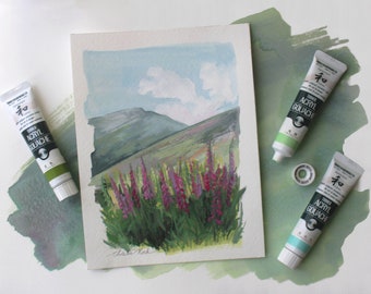 foxgloves, meadow, mountain, unframed, original painting, meadow, A5, meadow painting, flower painting, wall decor, wall art, artwork