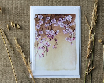 Huilende Sakura, A5, wit gerecycled, wenskaart, verjaardagskaart, Blossom Card, Sakura, bloemen, roze bloemen