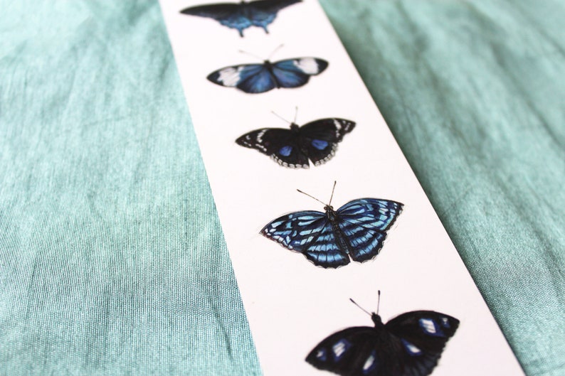 Blue Bookmark, butterfly, bookmark, illustrated bookmark, bookmark set, book lovers gift, birthday, gift, book merchandise, reading, books image 2